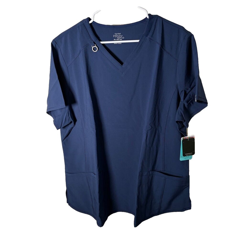 Cherokee Infinity T-Shirt Top Women's 2XL XXL Blue V-Neck Pockets Short Sleeve